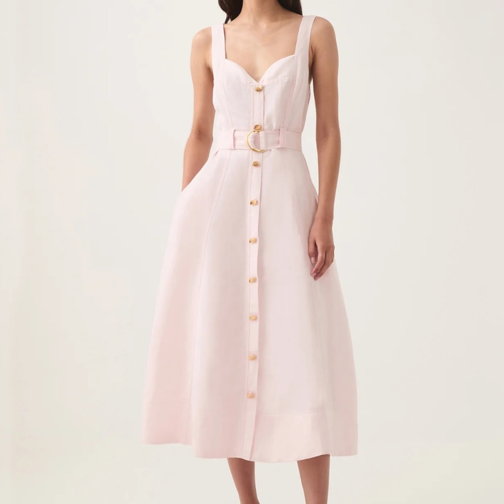 Aje Clay Belted Linen Midi Dress - Pastel Pink